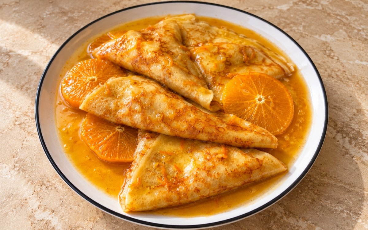 Crêpes Suzette showing folded crêpe triangles coated in glossy orange-butter sauce with fresh orange segments, on marble surface