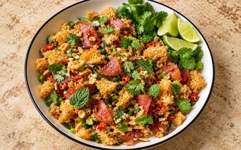 Nam khao tod showing crispy golden rice clusters tossed with cured sausage, fresh herbs, and peanuts, on marble surface