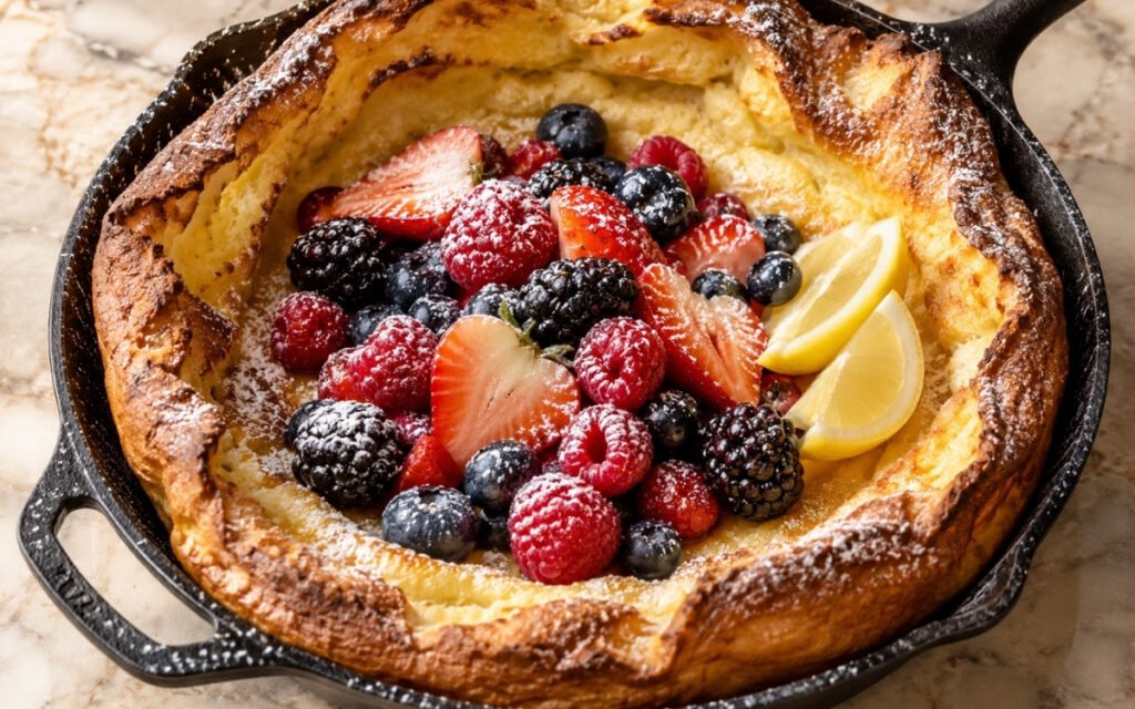 Dutch baby pancake showing dramatically puffed golden crisp edges filled with fresh mixed berries and dusted with powdered sugar, on marble surface