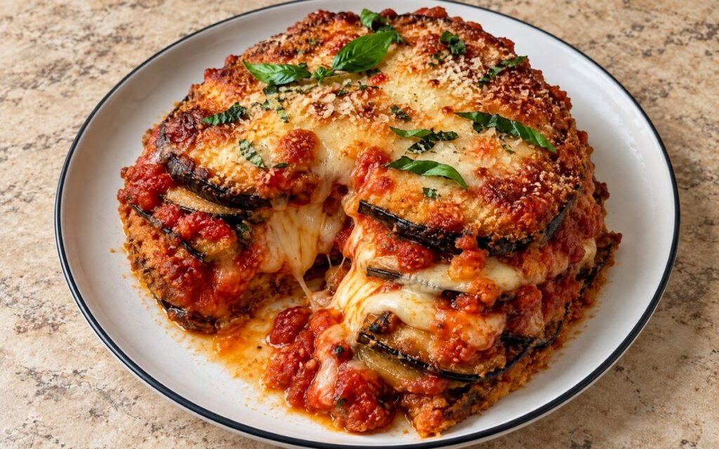 Eggplant Parmesan showing golden breaded eggplant layers with bubbling mozzarella, tomato sauce, and fresh basil, on marble surface