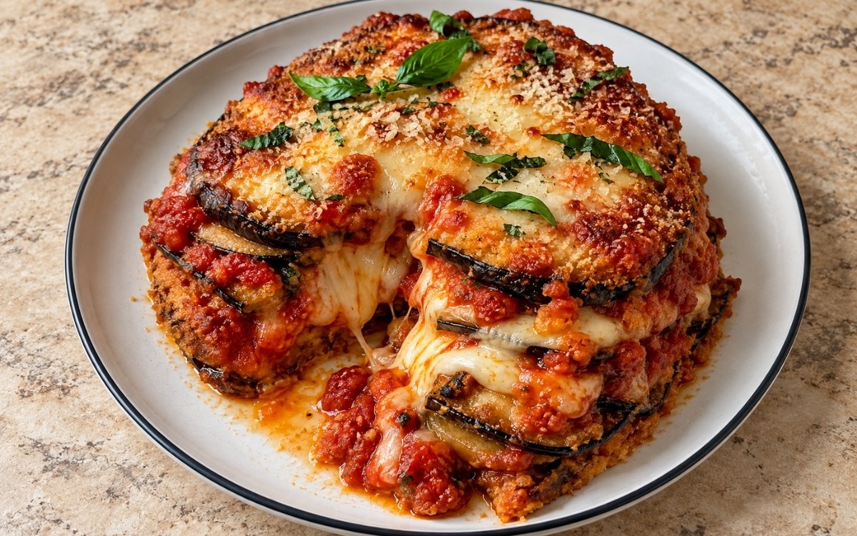 Eggplant Parmesan showing golden breaded eggplant layers with bubbling mozzarella, tomato sauce, and fresh basil, on marble surface