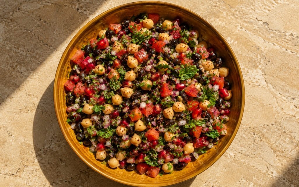 Egyptian balela salad showing chickpeas and black beans tossed with tomato, herbs, and pomegranate seeds, on marble surface