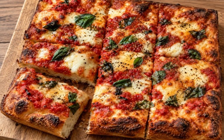 Focaccia pizza with tomato and mozzarella showing a thick, airy crust with crisp golden edges, melted cheese, tomato sauce, and fresh basil, on marble surface