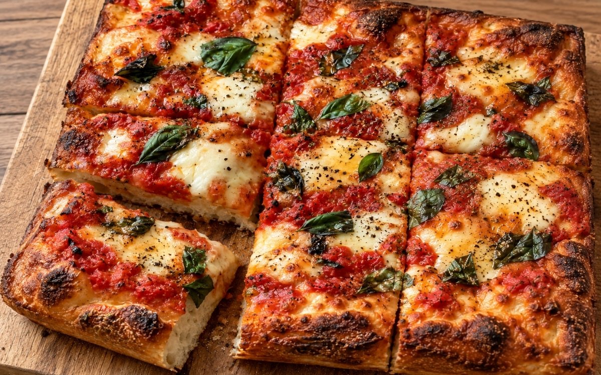 Focaccia pizza with tomato and mozzarella showing a thick, airy crust with crisp golden edges, melted cheese, tomato sauce, and fresh basil, on marble surface