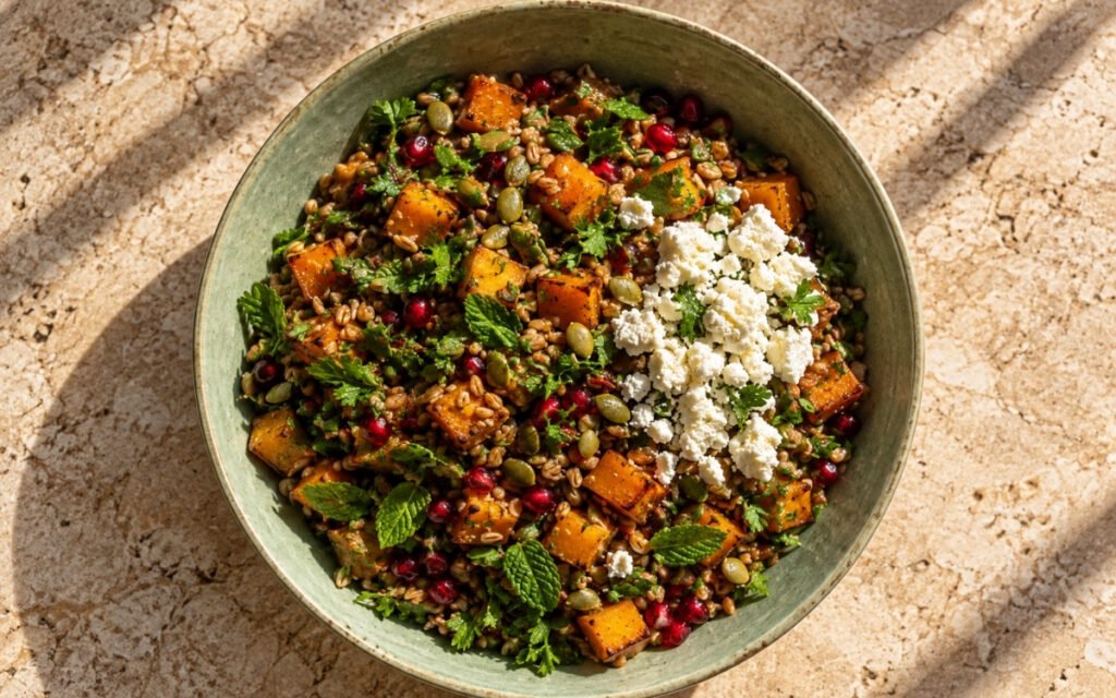 Freekeh grain salad showing smoky chewy freekeh with caramelized butternut squash, pomegranate seeds, pumpkin seeds, and crumbled feta, on marble surface