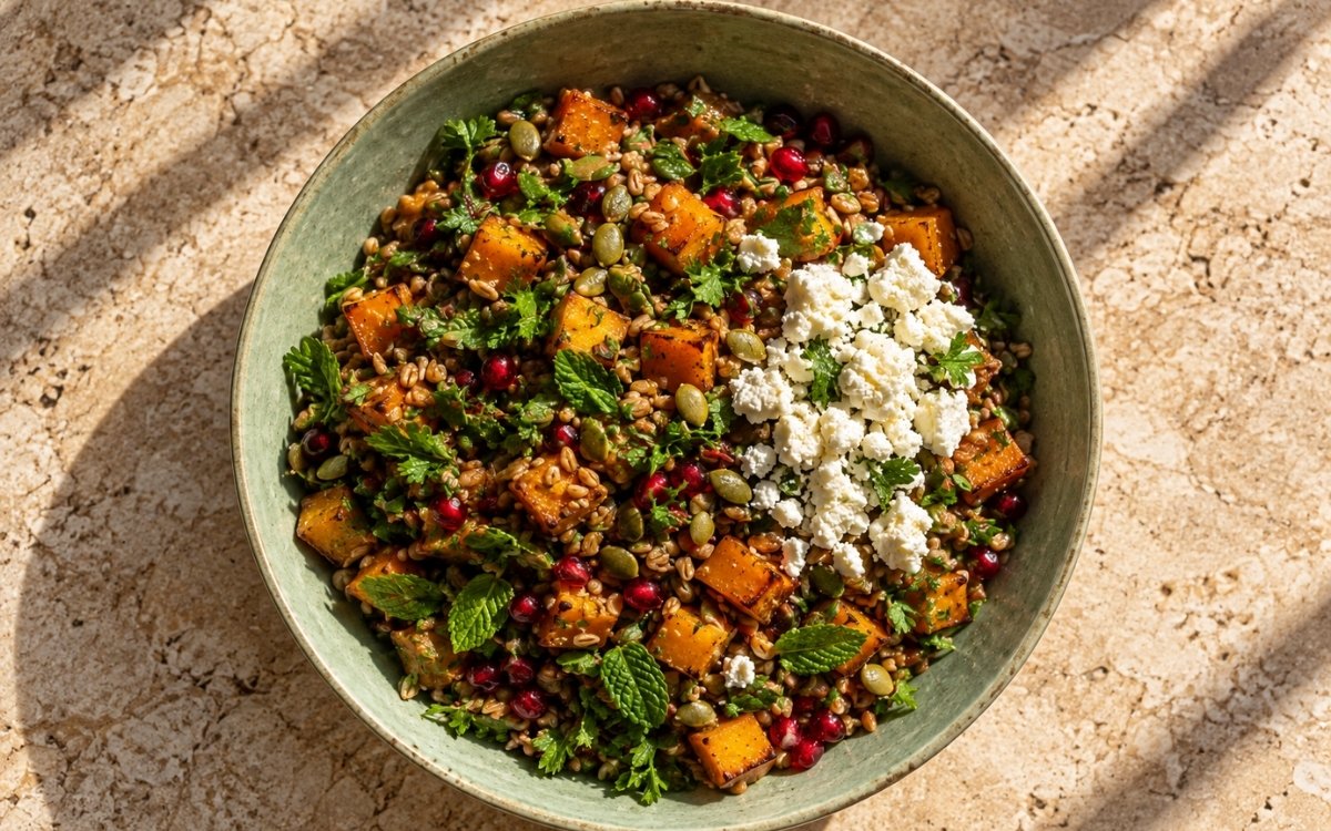 Freekeh grain salad showing smoky chewy freekeh with caramelized butternut squash, pomegranate seeds, pumpkin seeds, and crumbled feta, on marble surface