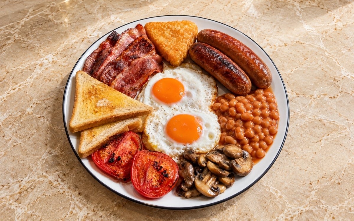 Full English breakfast plate showing fried eggs, sausages, bacon, grilled tomatoes, mushrooms, baked beans, hash brown, and buttered toast, on marble surface