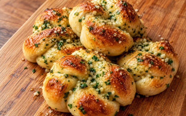 Garlic knots showing a glossy garlic butter coating with parsley and Parmesan over soft, golden bun-size knots, on marble surface