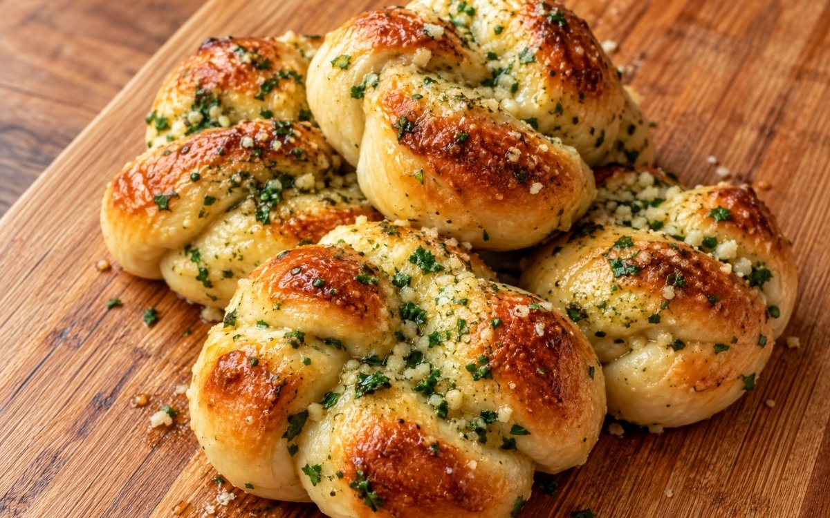 Garlic knots showing a glossy garlic butter coating with parsley and Parmesan over soft, golden bun-size knots, on marble surface