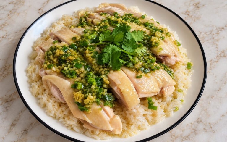 Hainanese-style chicken rice showing sliced poached chicken thighs over fragrant rice with vivid ginger-scallion sauce, on marble surface
