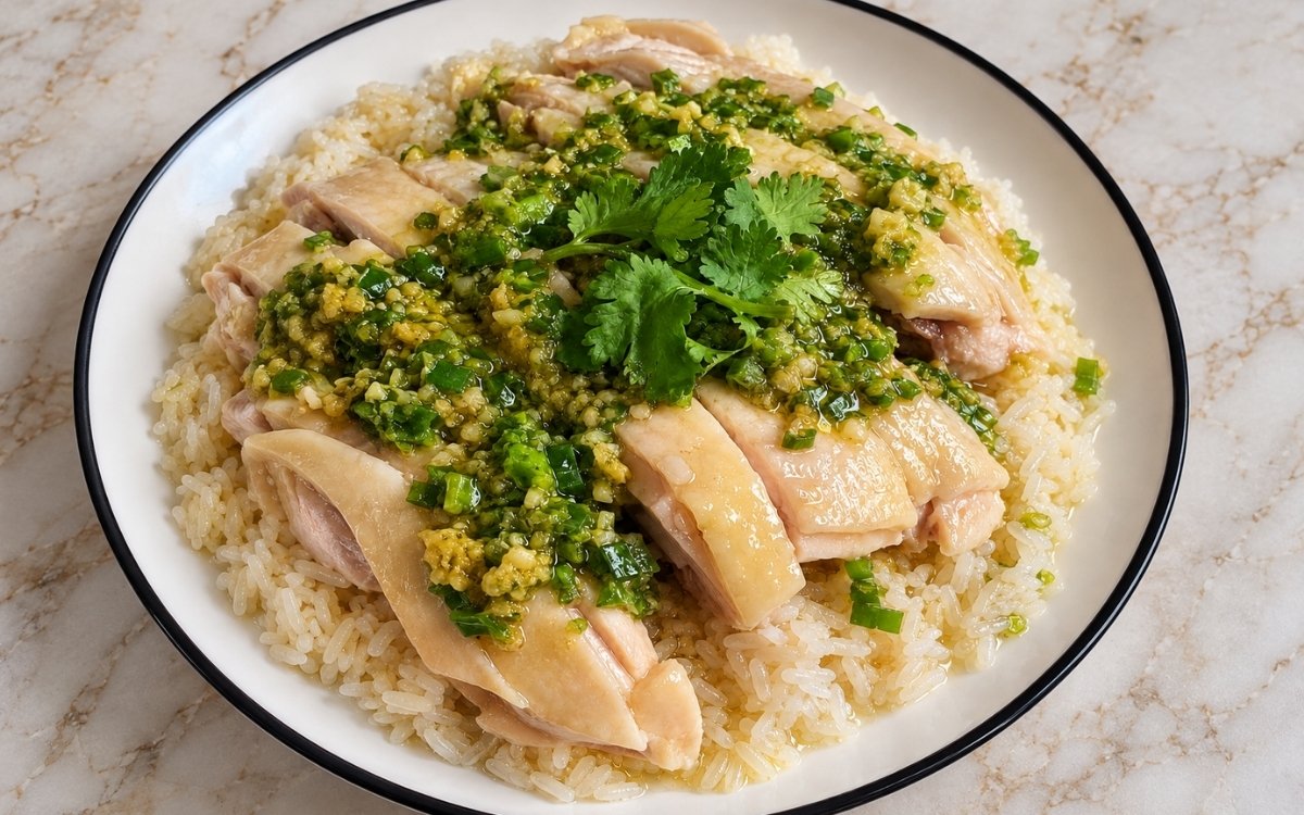 Hainanese-style chicken rice showing sliced poached chicken thighs over fragrant rice with vivid ginger-scallion sauce, on marble surface