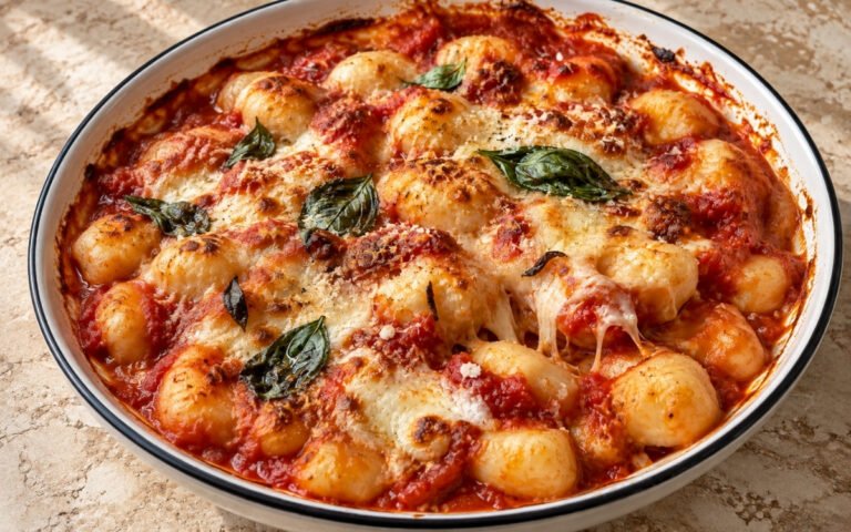 Gnocchi alla Sorrentina showing tender potato gnocchi in bright tomato sauce with melted, browned mozzarella and fresh basil, on marble surface