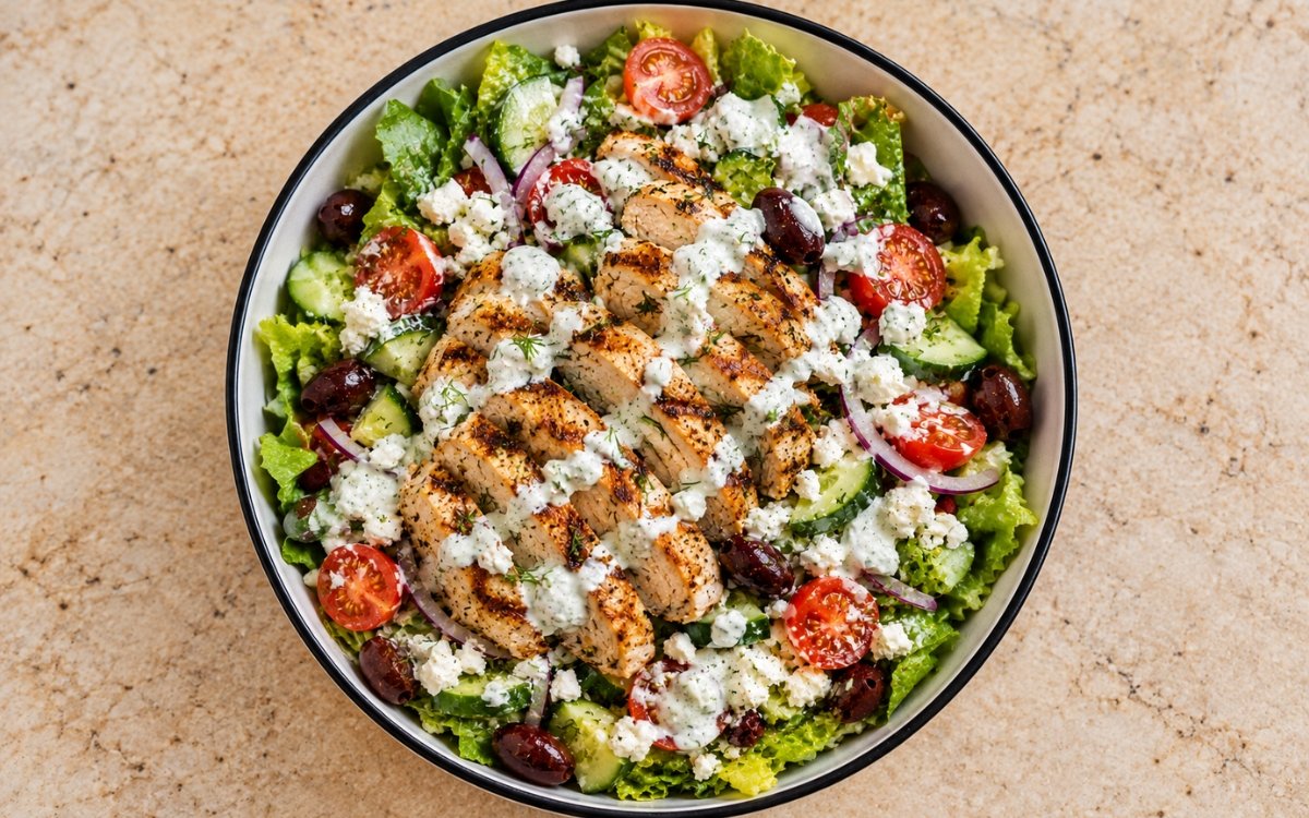 Greek chicken salad showing sliced grilled chicken over crisp greens with cucumber, tomatoes, Kalamata olives, feta, and tzatziki dressing, on marble surface