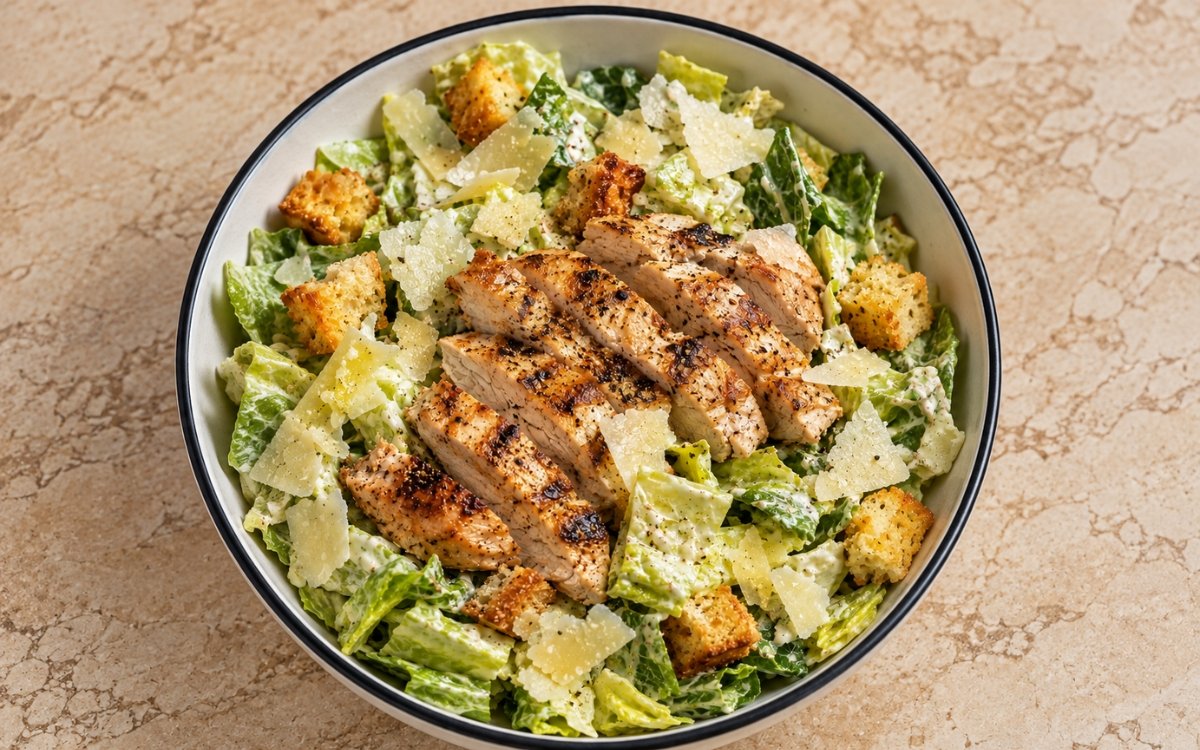 Grilled chicken Caesar salad showing sliced grilled chicken over crisp romaine with croutons, shaved Parmesan, and classic Caesar dressing, on marble surface