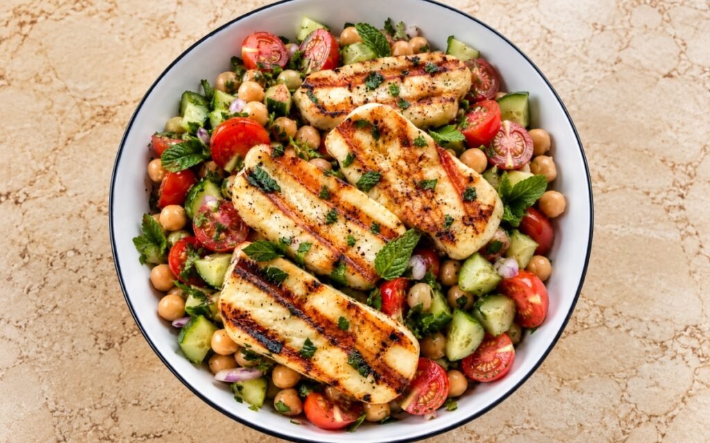 Grilled halloumi chickpea salad showing warm golden grilled halloumi slices over bright dressed chickpeas, tomatoes, and cucumber, on marble surface
