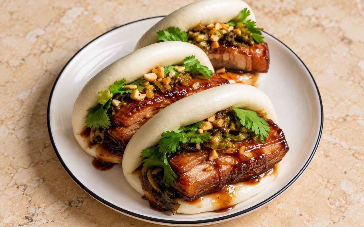 Gua bao showing soft steamed bao buns filled with glossy braised pork belly, pickled mustard greens, crushed peanuts, and cilantro, on marble surface