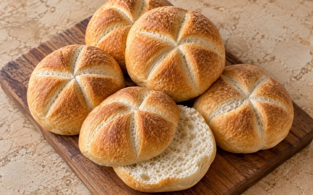 Homemade Kaiser rolls showing a clearly defined golden five-point star top and soft airy interior, on marble surface
