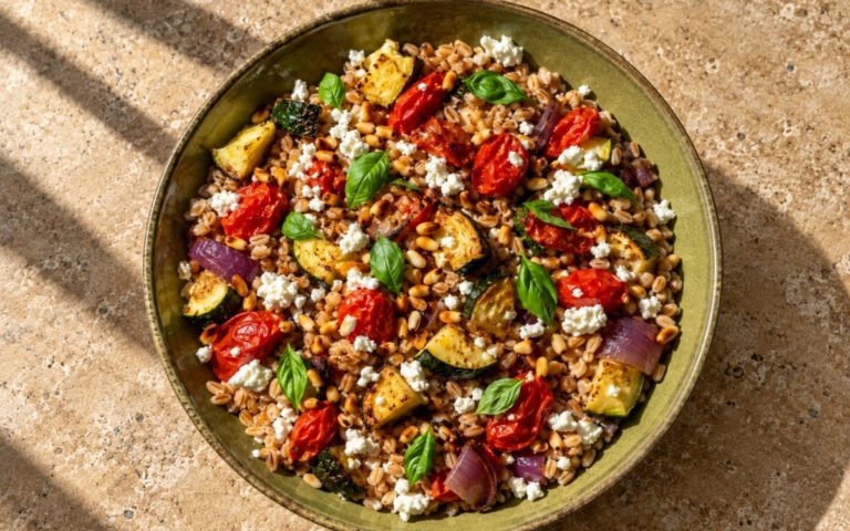Italian farro salad showing chewy farro with roasted zucchini, cherry tomatoes, red onion, ricotta salata, and pine nuts, on marble surface