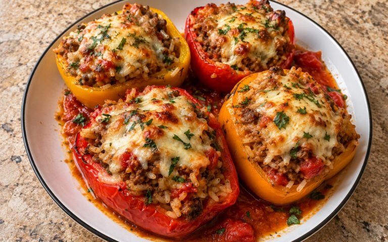 Italian stuffed peppers showing tender bell pepper halves filled with beef, pork, rice, and melted cheese over tomato sauce, on marble surface