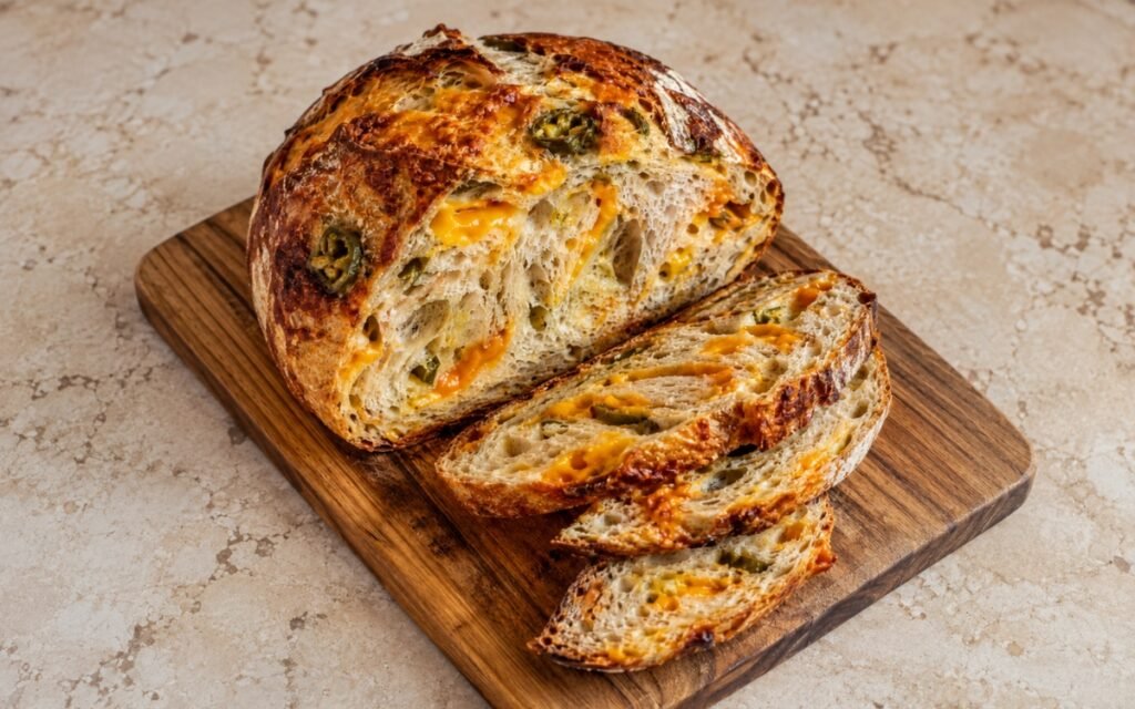 Jalapeño cheddar sourdough bread showing a deeply golden blistered crust with melted cheddar pockets and jalapeño visible throughout the crumb, on marble surface