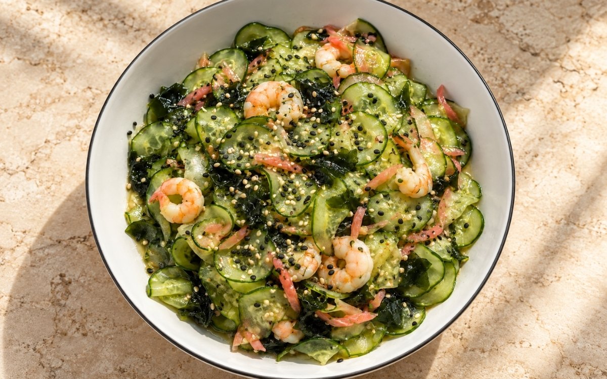 Sunomono showing thinly sliced cucumber, wakame, and shrimp tossed in rice vinegar dressing with sesame seeds and pickled ginger, on marble surface