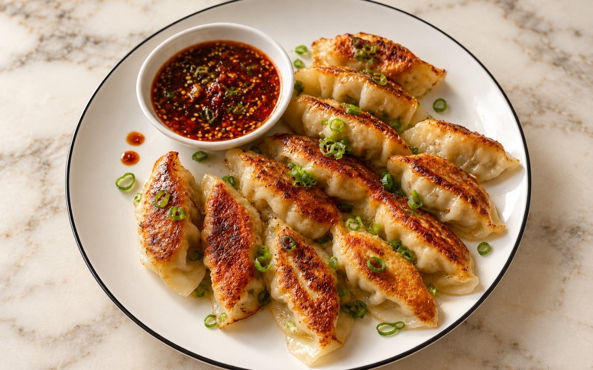 Japanese pork gyoza showing deeply golden crisp bottoms and tender translucent tops, served with soy-vinegar-chili dipping sauce, on marble surface