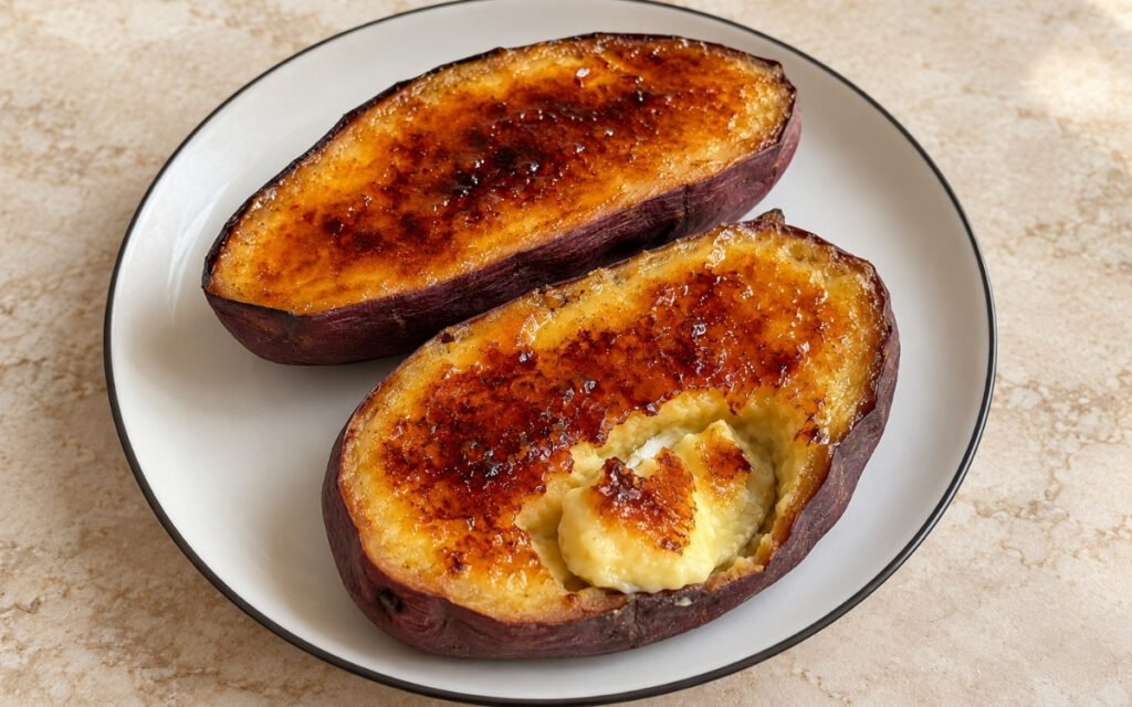 Japanese sweet potato crème brûlée showing purple sweet potato shells filled with golden custard and a glossy amber brûlée top, on marble surface