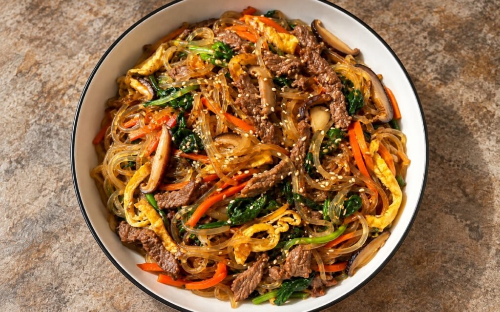 Japchae showing glossy sweet potato glass noodles tossed with beef, spinach, mushrooms, carrot, and egg ribbons, on marble surface