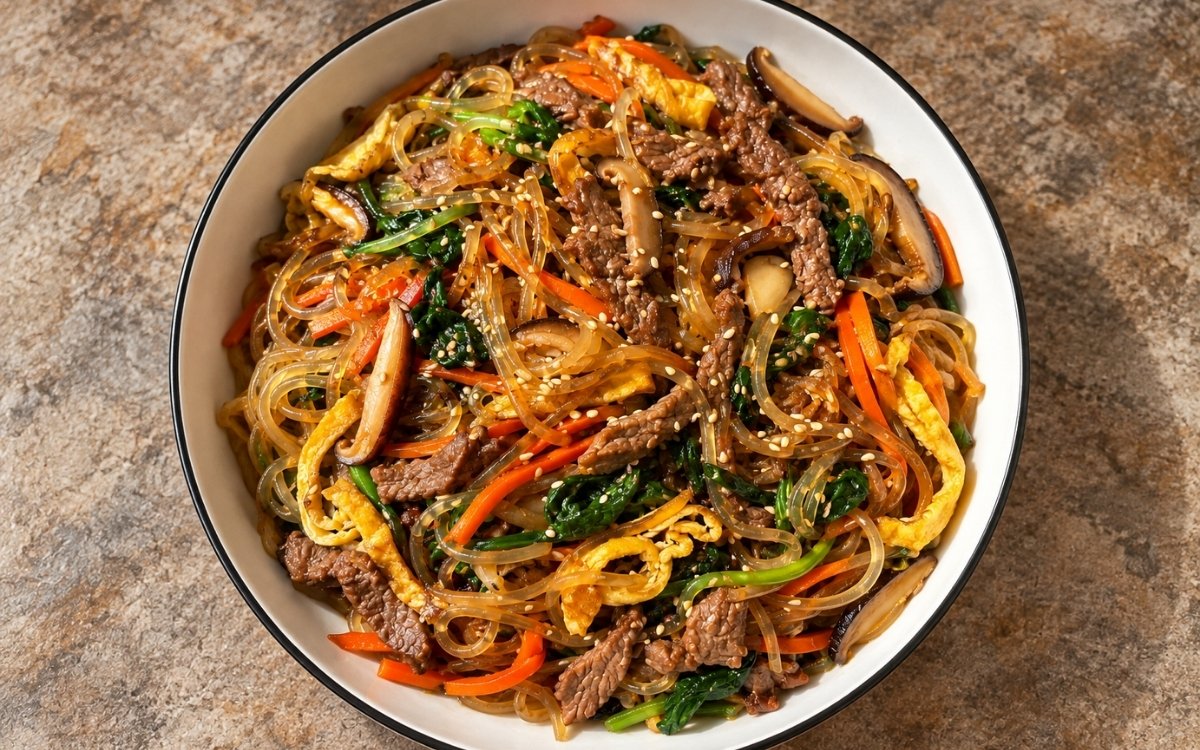 Japchae showing glossy sweet potato glass noodles tossed with beef, spinach, mushrooms, carrot, and egg ribbons, on marble surface