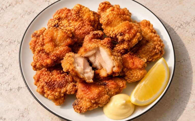 Karaage showing deeply golden, craggy double-fried chicken thigh pieces served with lemon wedges and Kewpie mayo, on marble surface