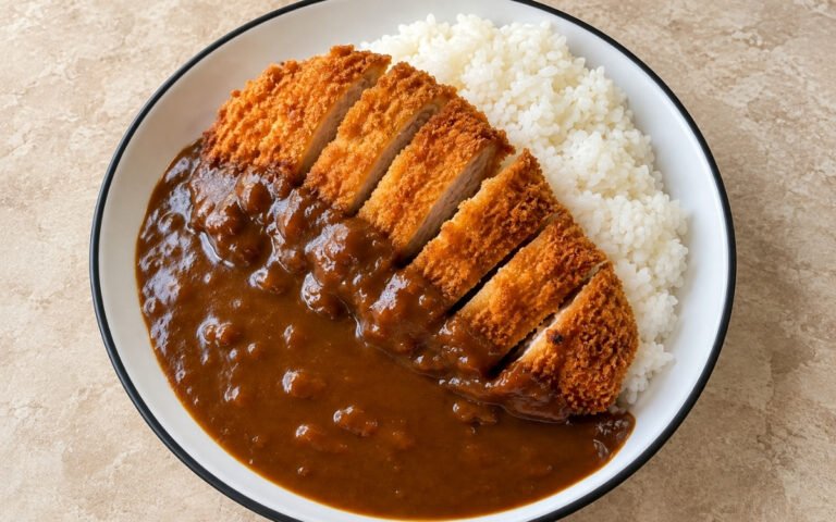 Katsu curry showing crisp golden panko-breaded pork cutlet sliced over fluffy rice with thick glossy dark-brown curry sauce, on marble surface