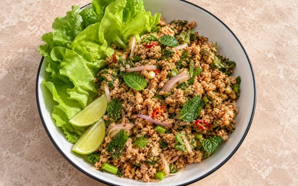 Larb gai showing juicy minced chicken tossed with fresh mint, shallots, and toasted rice powder, served with lettuce leaves, on marble surface