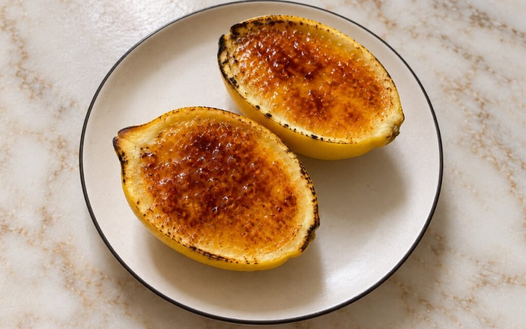 Lemon posset brûlée showing creamy lemon posset set inside hollowed lemon shells with a thin amber brûléed sugar crust, on marble surface