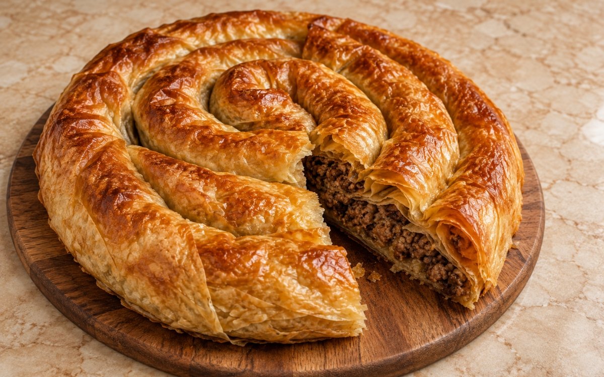 Meat burek showing a deeply golden coiled phyllo spiral filled with savory spiced ground beef, sliced into wedges, on marble surface