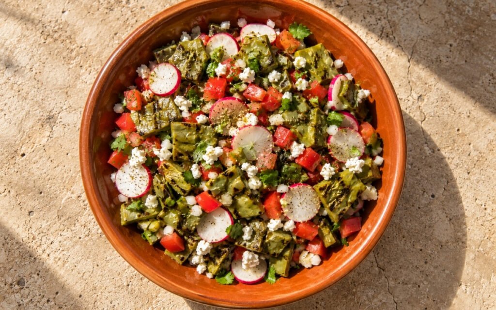 Mexican nopales salad showing diced lightly charred cactus paddles with tomato, radish, cilantro, and crumbled queso fresco, on marble surface