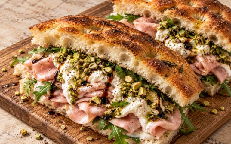 Mortadella focaccia sandwich showing folded mortadella, creamy stracciatella, pistachio paste, arugula, and balsamic streaks, on marble surface