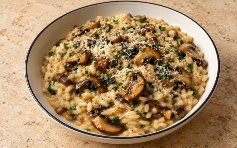 Mushroom risotto showing creamy, silky rice topped with browned mushrooms, Parmesan, and parsley, on marble surface