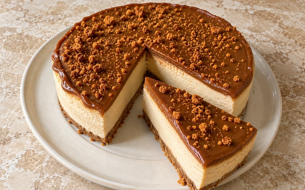 No-bake Biscoff cheesecake showing a firm cookie crust, smooth caramel-beige filling, and a glossy amber Biscoff topping with crushed cookies, on marble surface