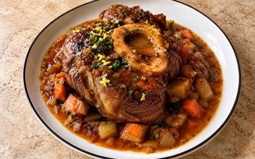 Osso buco showing a fork-tender braised veal shank in a glossy white wine tomato sauce, finished with lemon-parsley gremolata, on marble surface