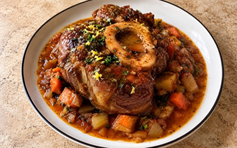 Osso buco showing a fork-tender braised veal shank in a glossy white wine tomato sauce, finished with lemon-parsley gremolata, on marble surface