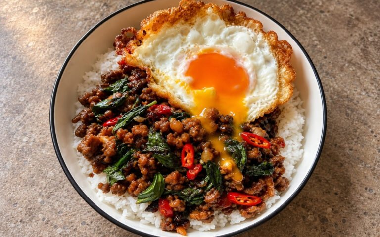 Pad Krapao showing caramelized minced pork with holy basil over jasmine rice, topped with a crispy-edged fried egg, on marble surface
