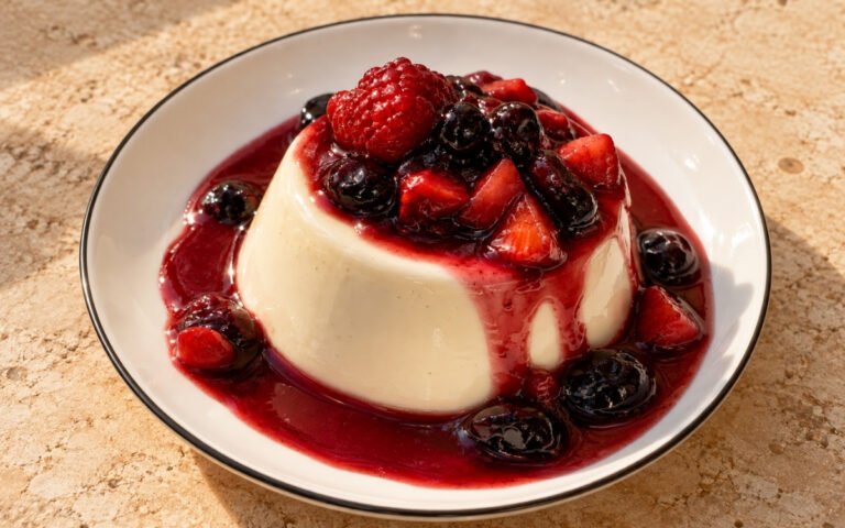 Panna cotta showing a delicately unmolded creamy dessert topped with glossy berry sauce and fresh macerated berries, on marble surface