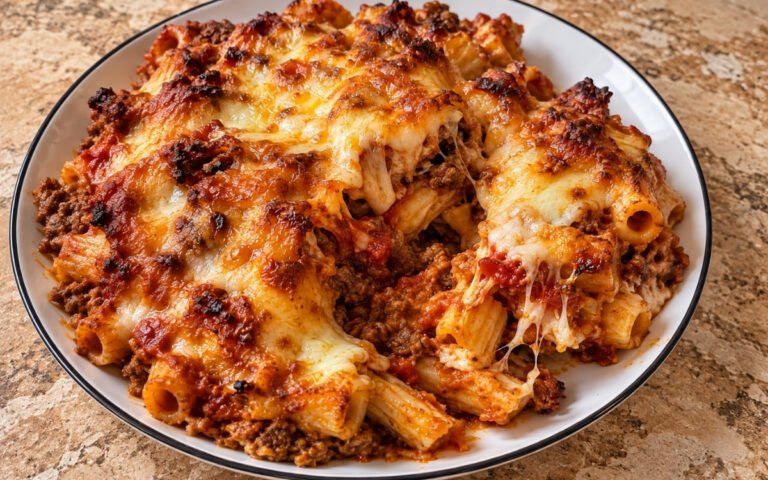 Pasta al Forno showing rigatoni in rich meat sauce with melted mozzarella and browned, bubbling cheesy edges, on marble surface