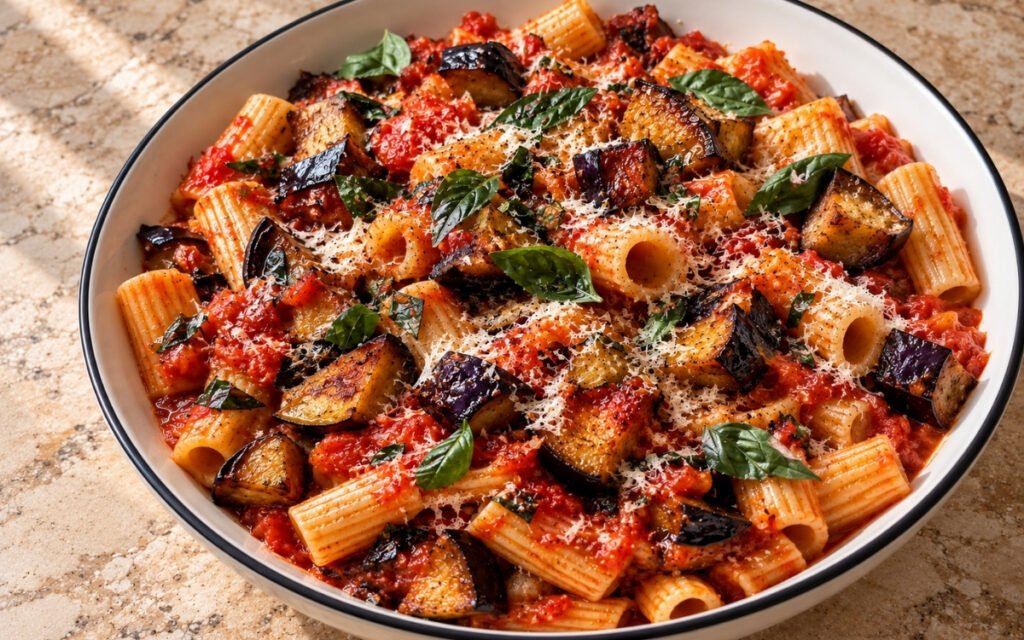 Pasta alla Norma showing glossy pasta tossed with deeply golden fried eggplant, tomato sauce, and grated ricotta salata, on marble surface