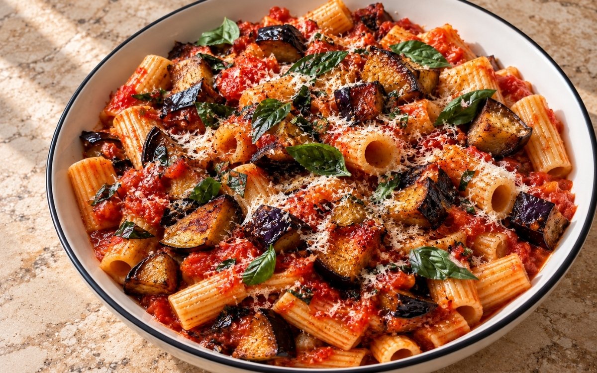Pasta alla Norma showing glossy pasta tossed with deeply golden fried eggplant, tomato sauce, and grated ricotta salata, on marble surface