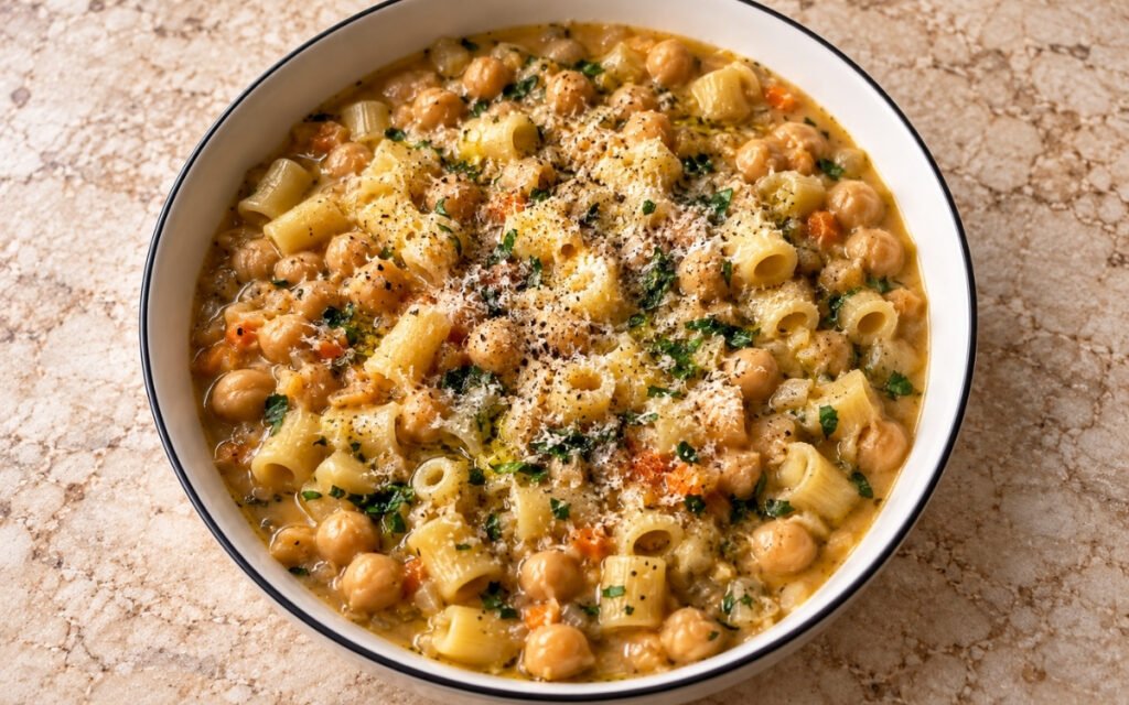 Pasta e ceci showing thick, creamy chickpea and pasta broth finished with Parmigiano-Reggiano and parsley, on marble surface