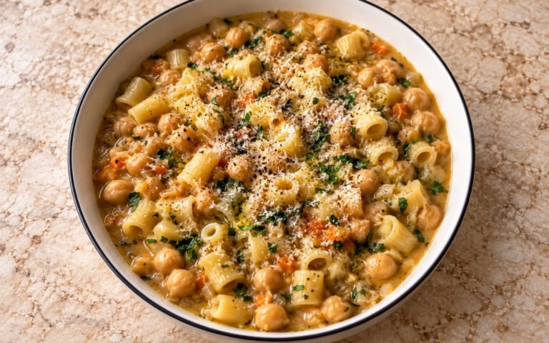 Pasta e ceci showing thick, creamy chickpea and pasta broth finished with Parmigiano-Reggiano and parsley, on marble surface