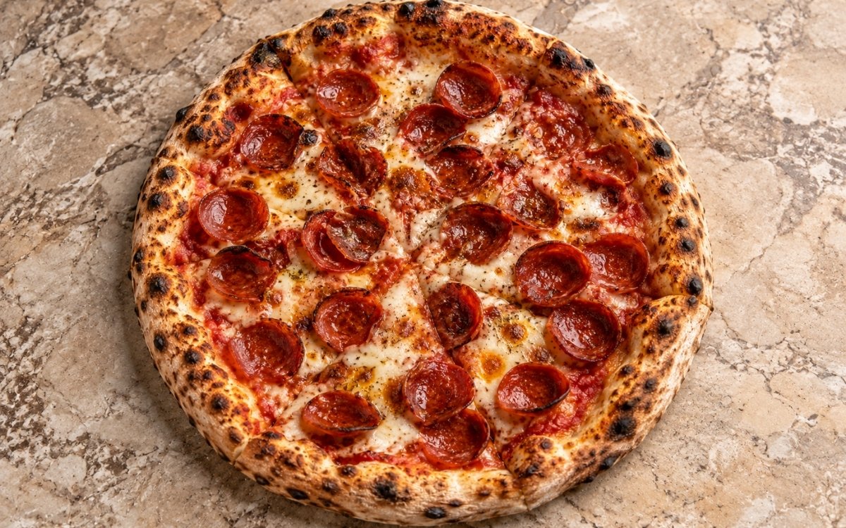 Pepperoni pizza showing a golden blistered crust with bubbling mozzarella and crisp curled pepperoni cups, on marble surface