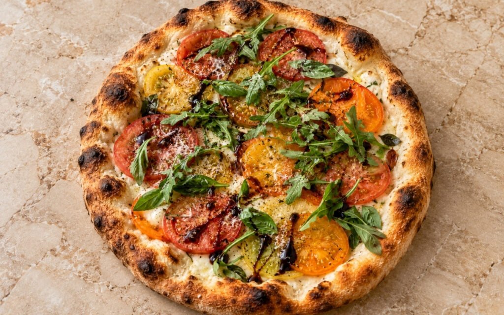 Pizza Bianca Caprese showing melted cheese, glossy heirloom tomato slices, arugula, basil, and balsamic glaze over a blistered crust, on marble surface