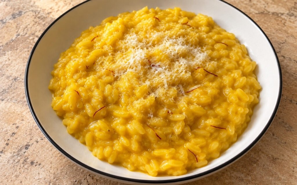 Risotto alla Milanese showing deep golden saffron rice with a glossy, silky mantecatura finish, on marble surface